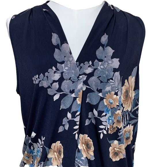 Beacon Sleeveless Floral Blouse Size Small Made In USA Navy Blue Stretch - Picture 2 of 6